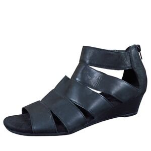 Aerosoles Yet Forth Womens Wedge Sandal Size 7 Black Leather Open Toe Zip